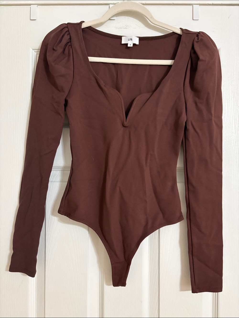 LPA Chocolate Brown Long-Sleeve Sweetheart Puff Shoulder Bodysuit